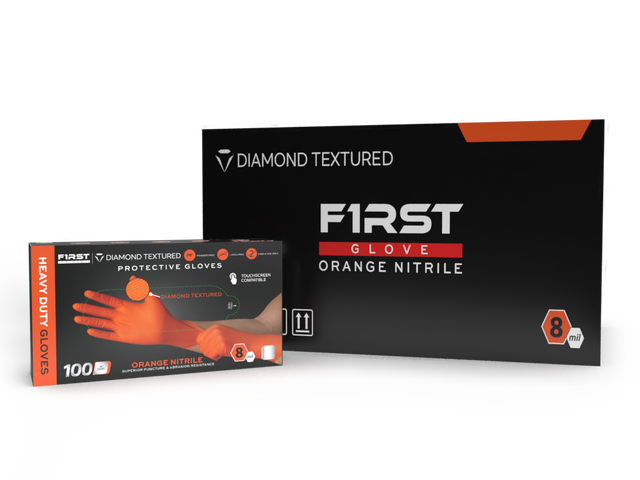 First Glove HD 8 Mil Orange Nitrile Disposable Industrial Gloves with Raised Diamond Texture
