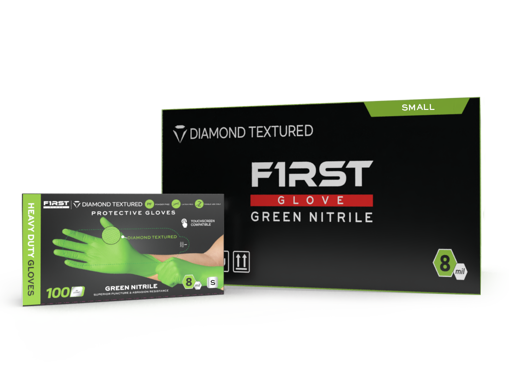 First Glove HD 8 Mil Green Nitrile Disposable Industrial Gloves with Raised Diamond Texture