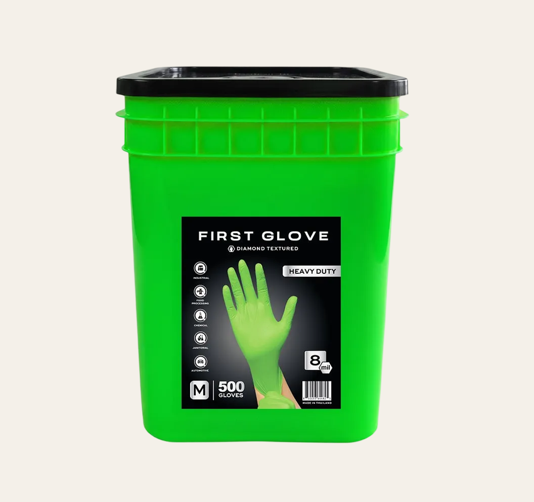 Green Nitrile Gloves, 8 Mil Heavy-Duty Industrial Disposable – Diamond Grip, Powder-Free (Bucket) | First Glove