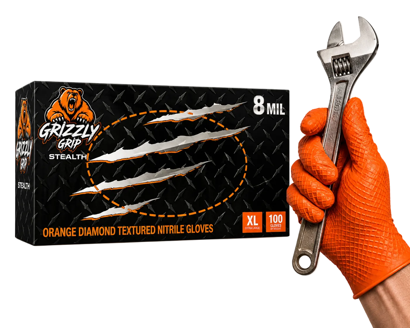 Grizzly Orange Nitrile Gloves, 8 Mil Heavy-Duty Industrial Disposable Gloves – High-Visibility, Diamond Grip Texture