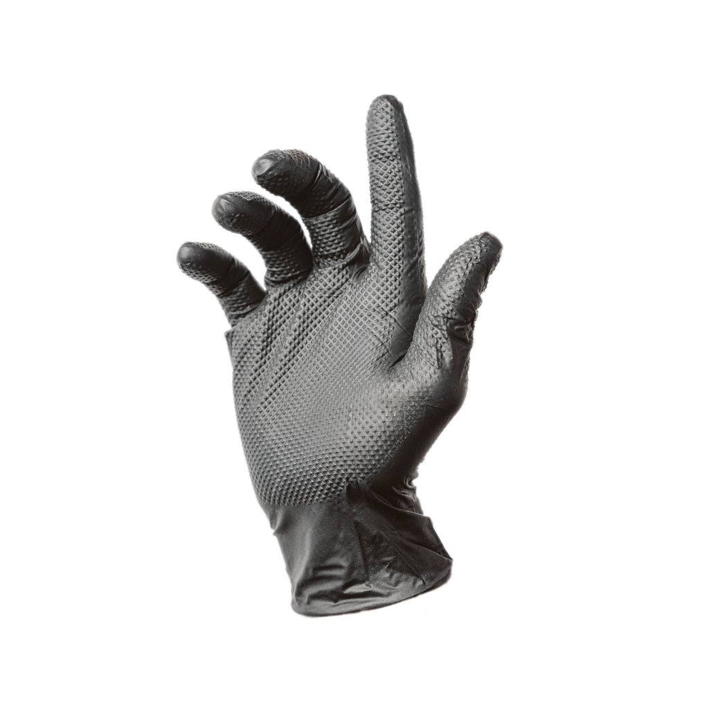 First Glove black 8 mil food-safe nitrile gloves with raised diamond grip texture, close-up
