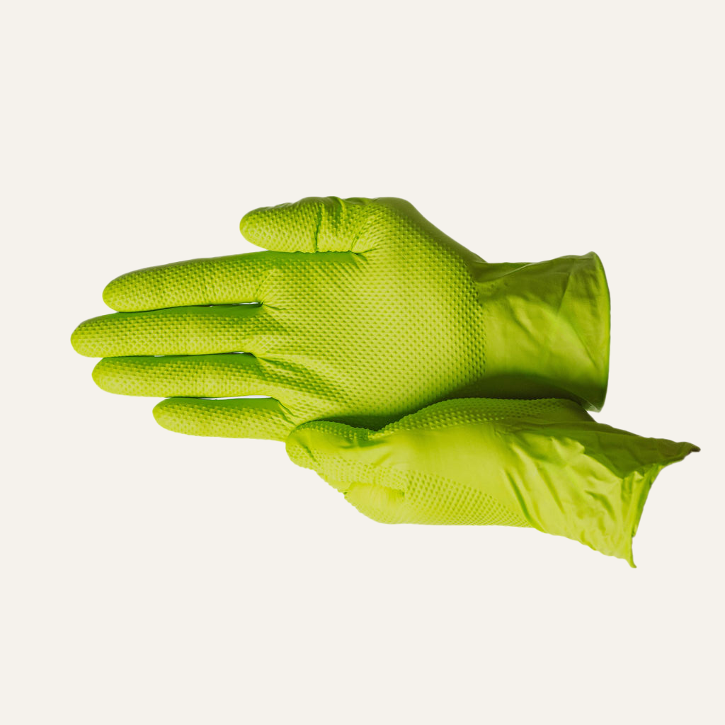 Green Nitrile Gloves, 8 Mil Heavy-Duty Industrial Disposable Gloves – Diamond Grip Texture, Powder-Free, Latex-Free | First Glove