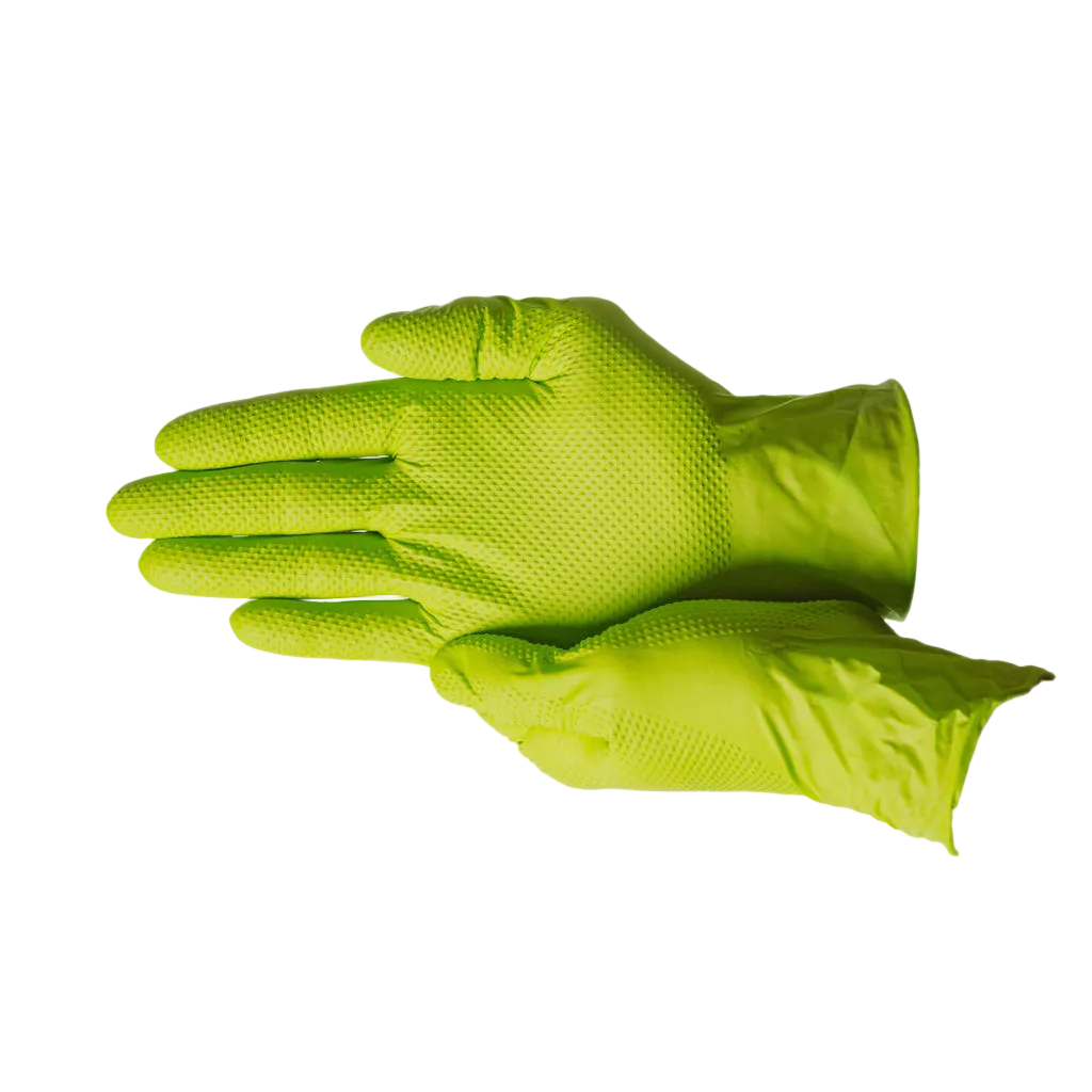 Green Nitrile Gloves, 8 Mil Heavy-Duty Industrial Disposable Gloves – Diamond Grip Texture, Powder-Free, Latex-Free | First Glove