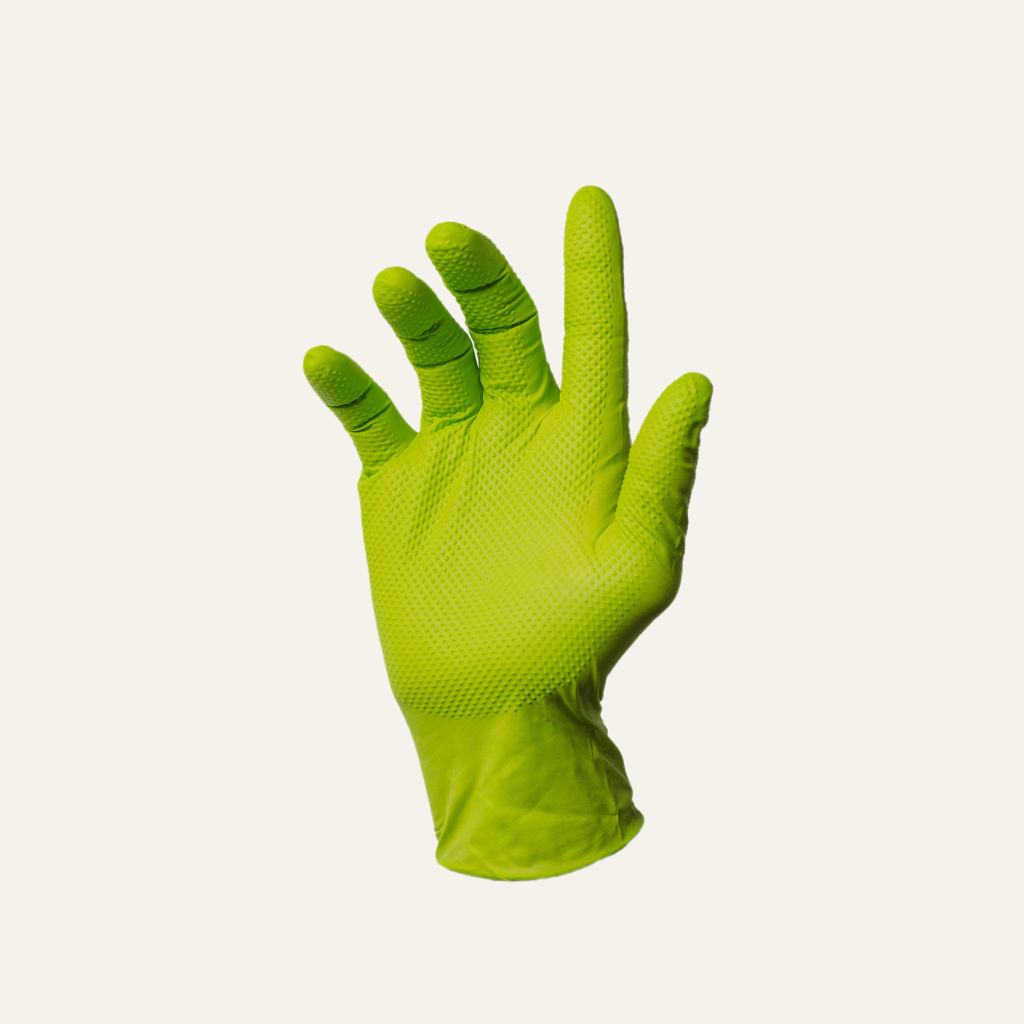 First Glove green 8 mil nitrile industrial gloves with raised diamond grip texture, close-up