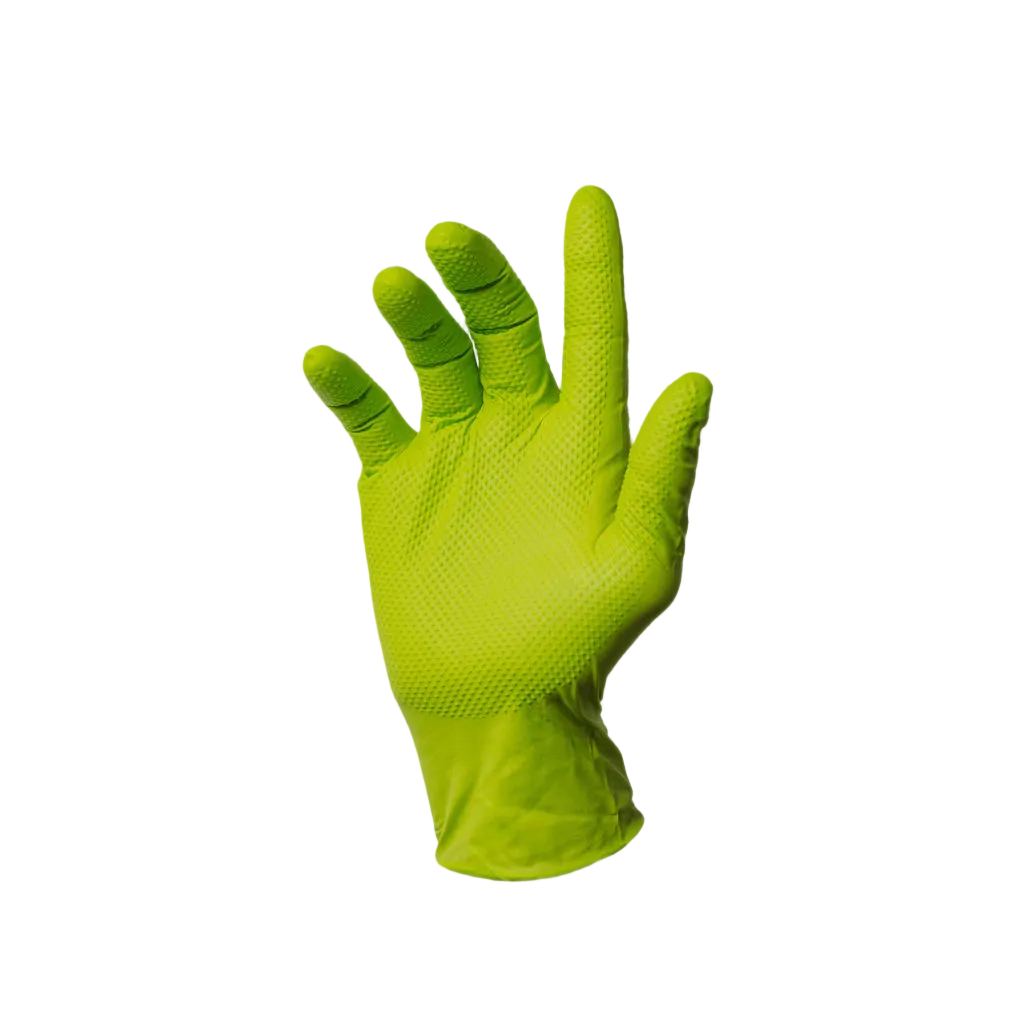 First Glove green 8 mil nitrile industrial gloves with raised diamond grip texture, close-up