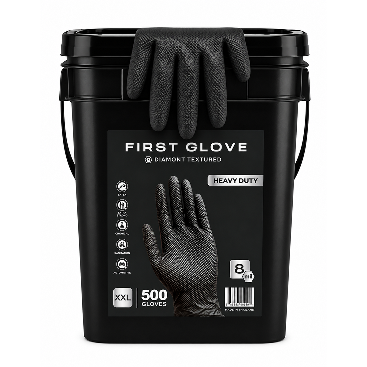 Black Nitrile Bucket of Gloves, 8 Mil Heavy-Duty Industrial Disposable – Diamond Grip Texture, Powder-Free | First Glove