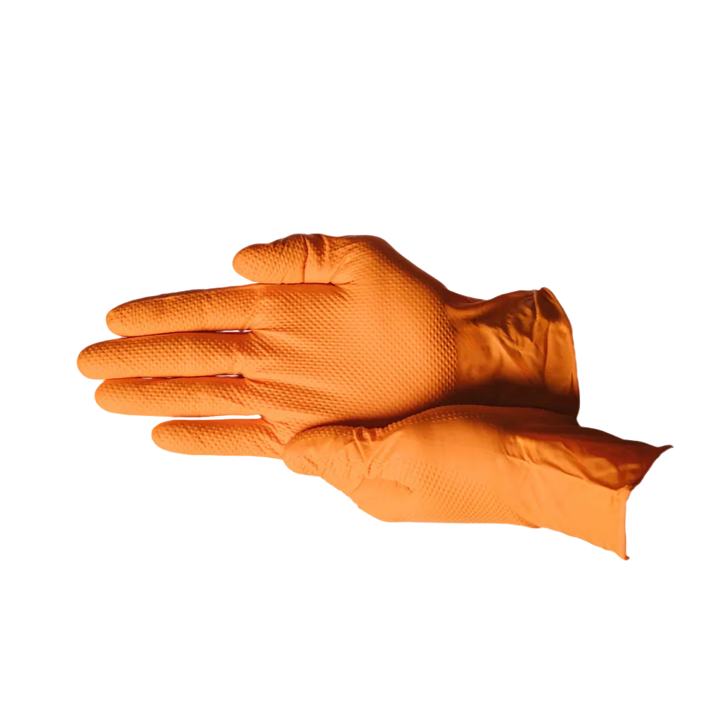 Orange Nitrile Gloves, 8 Mil Heavy-Duty Industrial Disposable Gloves – High-Visibility, Diamond Grip Texture | First Glove