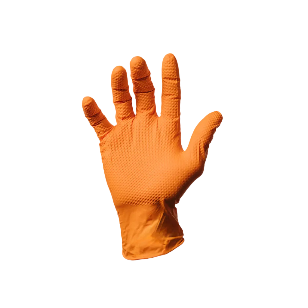 First Glove orange 8 mil nitrile industrial gloves with diamond grip texture, close-up