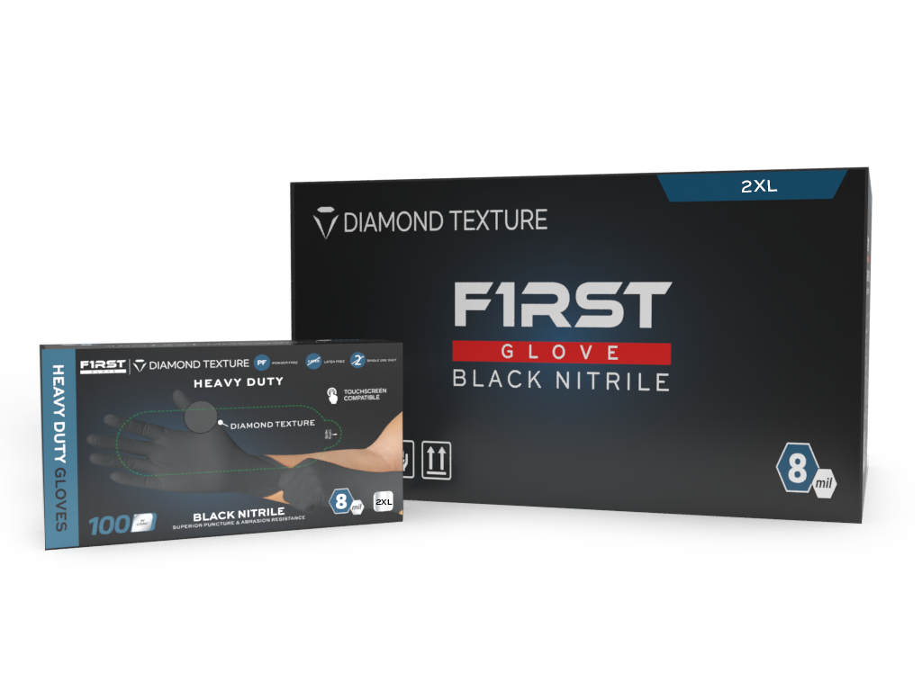 First Glove HD 8 Mil Black Nitrile Disposable Industrial Gloves with Raised Diamond Texture