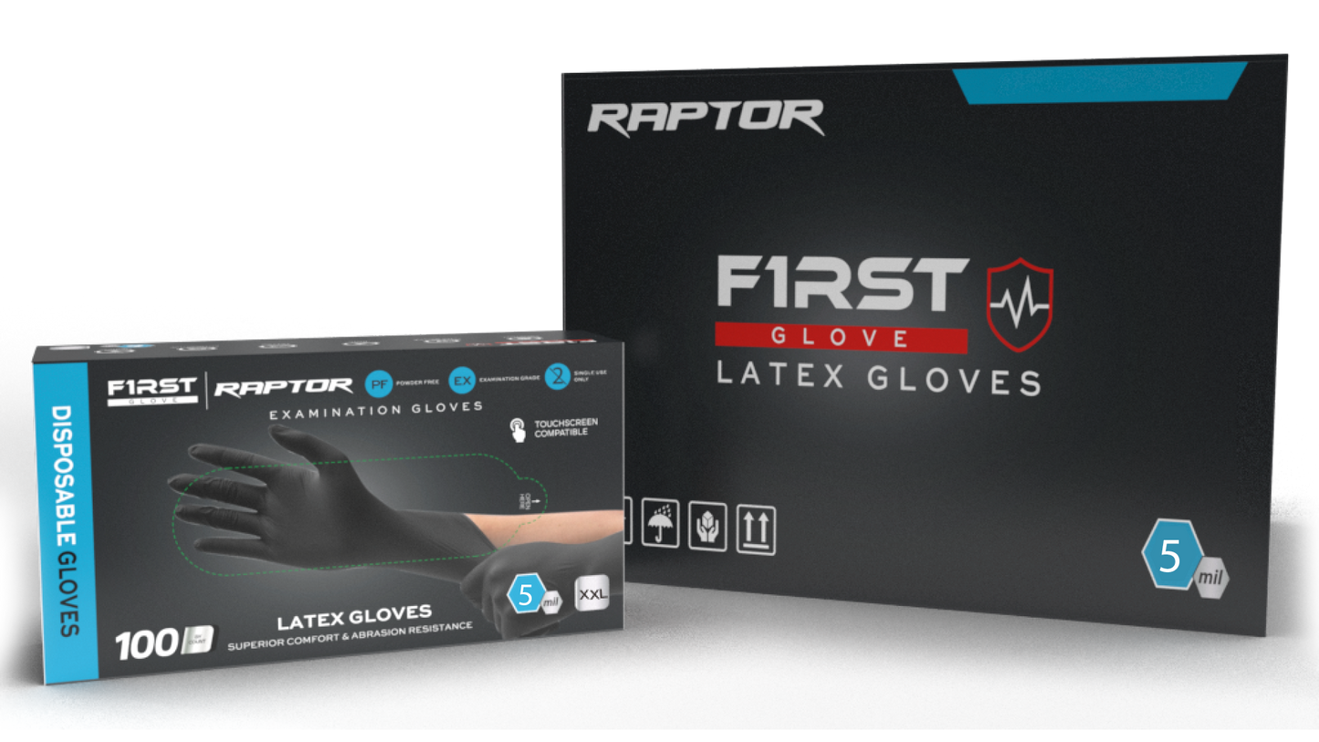 First Glove Raptor 5 Mil Black Latex Disposable Exam Gloves