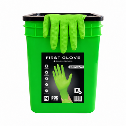 Green Nitrile Bucket of Gloves, 8 Mil Heavy-Duty Industrial Disposable – Diamond Grip, Powder-Free | First Glove