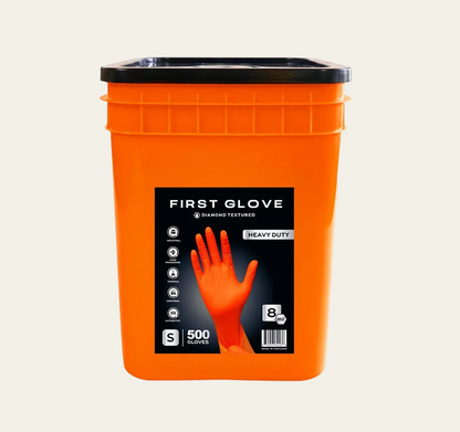 First Glove HD 8 Mil BUCKET Orange Nitrile Disposable Industrial Gloves with Raised Diamond Texture