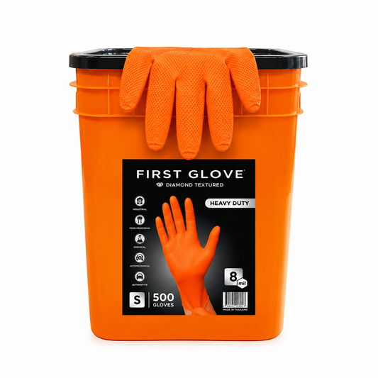 Orange Nitrile Gloves, 8 Mil Heavy-Duty Industrial Disposable Gloves – High-Visibility (Bucket) | First Glove