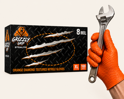 Grizzly Orange Nitrile Gloves, 8 Mil Heavy-Duty Industrial Disposable Gloves – High-Visibility, Diamond Grip Texture | First Glove (Copy)
