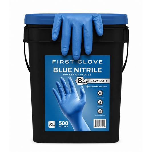 Blue Nitrile Exam Bucket of Gloves, 8 Mil Medical Grade Disposable – Heavy-Duty, Fully Textured, Powder-Free | First Glove