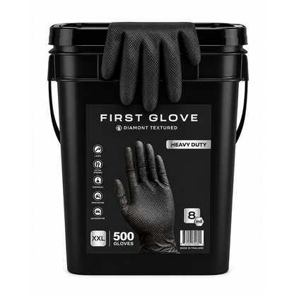 Black Nitrile Bucket of Gloves, 8 Mil Heavy-Duty Industrial Disposable – Diamond Grip Texture, Powder-Free | First Glove