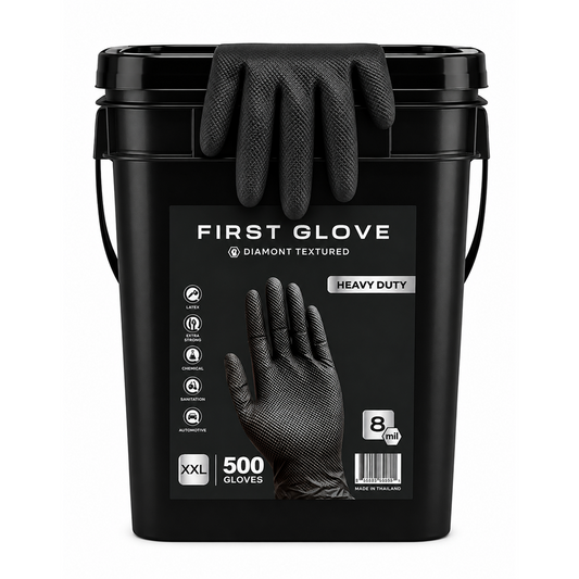 Black Nitrile Bucket of Gloves, 8 Mil Heavy-Duty Industrial Disposable – Diamond Grip Texture, Powder-Free | First Glove